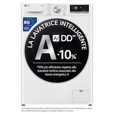 LG AI DD F4R709TAIDD Lavatrice Classe A -10%, Carica Frontale Serie R7, Lavatrice 9kg, 1400 giri, AI Wash, TurboWash 360, Lavaggio a Vapore, Wi-Fi, Motore Direct Drive, Libera Installazione, Bianca