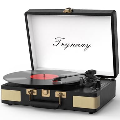 Trynnay Giradischi a 3 marce, lettore portatile in vinile con altoparlanti integrati, giradischi, audio migliorato, pelle PU, vintage nero