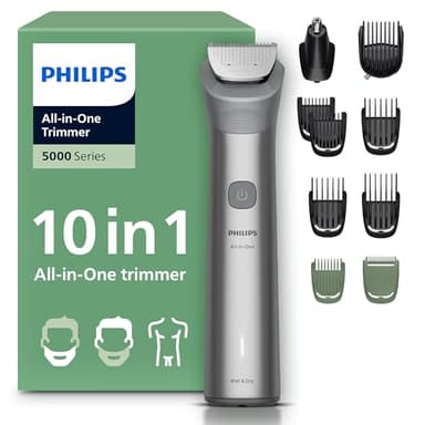Philips Rifinitore All-in-one Multigroom Serie 5000 10 in 1 - Rifinitore per barba, capelli e corpo, lame autoaffilanti interamente in metallo, 11 impostazioni di lunghezza (0,5-16 mm), MG5918/15