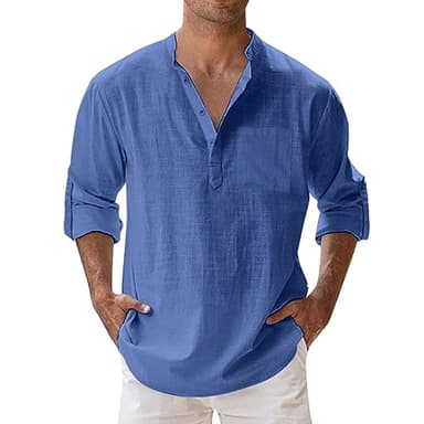 Le Migliori Offerte di Oggi Camicia da Uomo in Lino Tinta Unita Maniche Lunghe Scollo a V Stile Casual Chiusura Bottoni