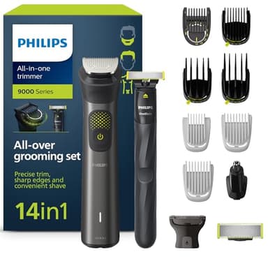 Philips Series 9000 14-in-1 Rifinitore + OneBlade, rifinitura precisa, bordi ben definiti, rasatura comoda, borsa da toilette di qualità, lama OneBlade extra (modello MG9550/15)