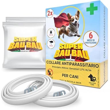 Collare Antiparassitario per Cani - Super Bau Bau, Confezione da 2, Antipulci, Antizecche, Anti Zanzare, Impermeabile, Efficace per 12 Mesi, 38cm per Cani fino a 8kg