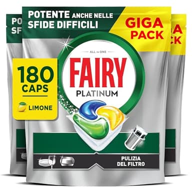 Fairy Platinum Detersivo Pastiglie Lavastoviglie Brillantante, 180 Capsule Lavastoviglie, Limone, con Sistema Di Prelavaggio Integrato, Efficace nelle Sfide Difficili Contro lo Sporco