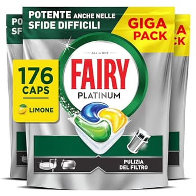 Fairy Platinum Detersivo Pastiglie Lavastoviglie Plus, Brillantante, 176 Capsule Lavastoviglie, Limone, Tecnologia Anti-Opaco Con Azione Brillantante, Contro Il Grasso E Le Incrostazioni Ostinate