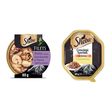 Sheba Filets Cibo Umido per gatti con Pollo e Gamberetti, 32 vaschette da 60g ognuna, Totale 1920g & Creazioni Speciali in Salsa, Cibo per Gatto con Tacchino, Totale: 1870 g