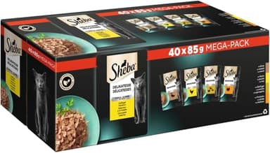 Sheba Cibo Umido per Gatti, delicatezza in Gelatina, 40 Sacchetti per porzioni, 40 x 85 g, Cibo per Gatti Bagnato, con Anatra, Pollo, pollame e Tacchino