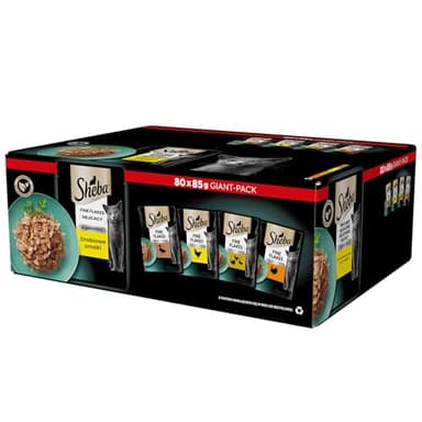 Sheba Selezione in Gelatina, gusti Pollo, Tacchino, Pollame, Anatra, cibo umido completo per gatti adulti, 72 Bustine da 85g