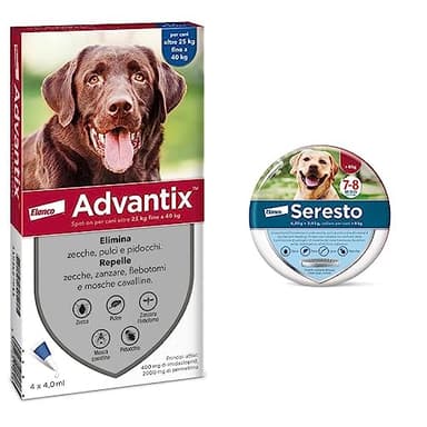 Advantix® Spot-on antiparassitario per Cani da 25 kg a 40 Kg, 4 pipette da 4,0 ml & Seresto collare antiparassitario per cani oltre 8 kg. Elimina pulci, zecche, pidocchi