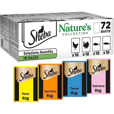 Sheba Nature’s Collection Selezione Assortita in Salsa, gusti Pollo, Tacchino, Tonno, Salmone, cibo umido completo per gatti adulti, 72 Bustine da 85g