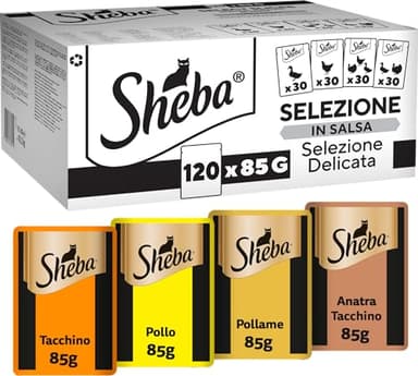 Sheba Selezione Delicata in Salsa, gusti Pollo, Tacchino, Pollame, Anatra, cibo umido completo per gatti adulti, 120 Bustine da 85g