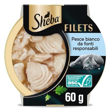 Cibo per gatti adulti SHEBA Filets con Pesce Bianco in salsa, 32 Vaschette da 60g