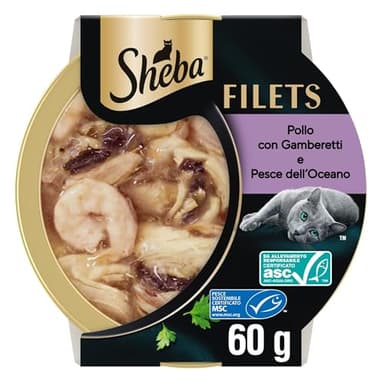 Cibo gatti adulti SHEBA Filets Pollo, Pesce Oceano, Gamberetti salsa, 32 Vaschette da 60g
